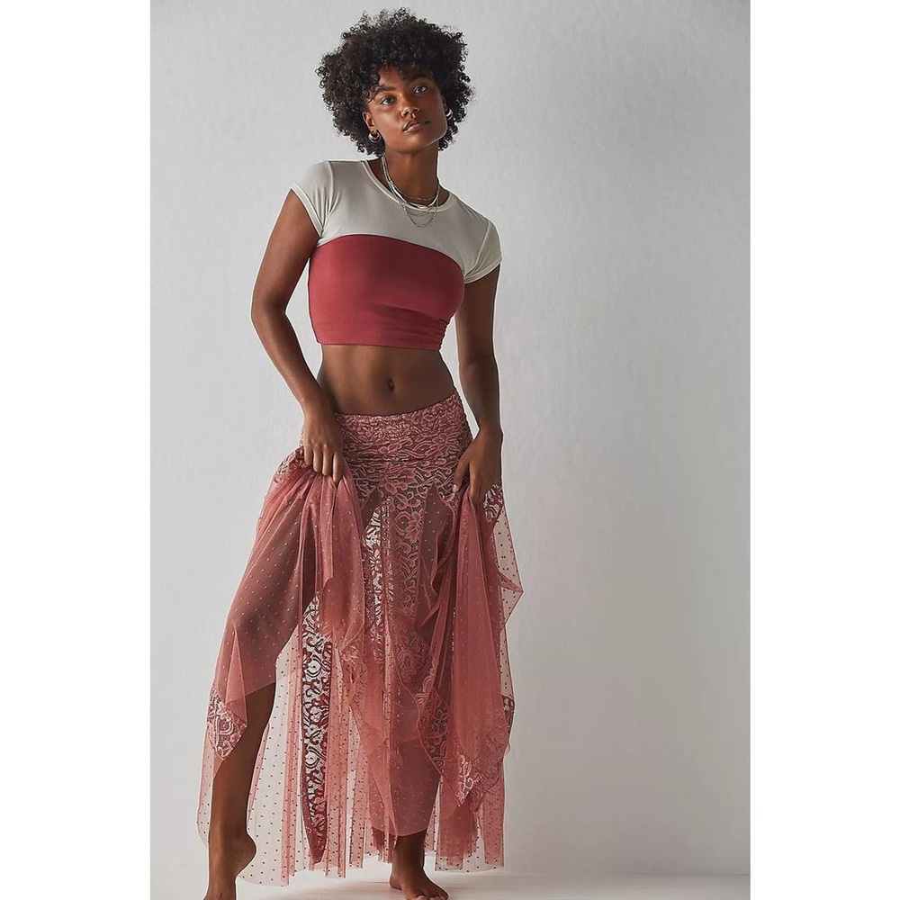 New Free People INTIMATELY A Day Out Half-Slip $88 X-SMALL Pink Lace Tulle